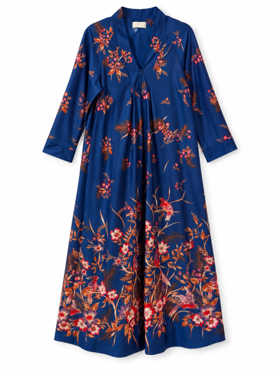 T V Loungers Other - Vintage T V Lounger Blue Floral Bird Print Maxi Robe Caftan House Dress Medium